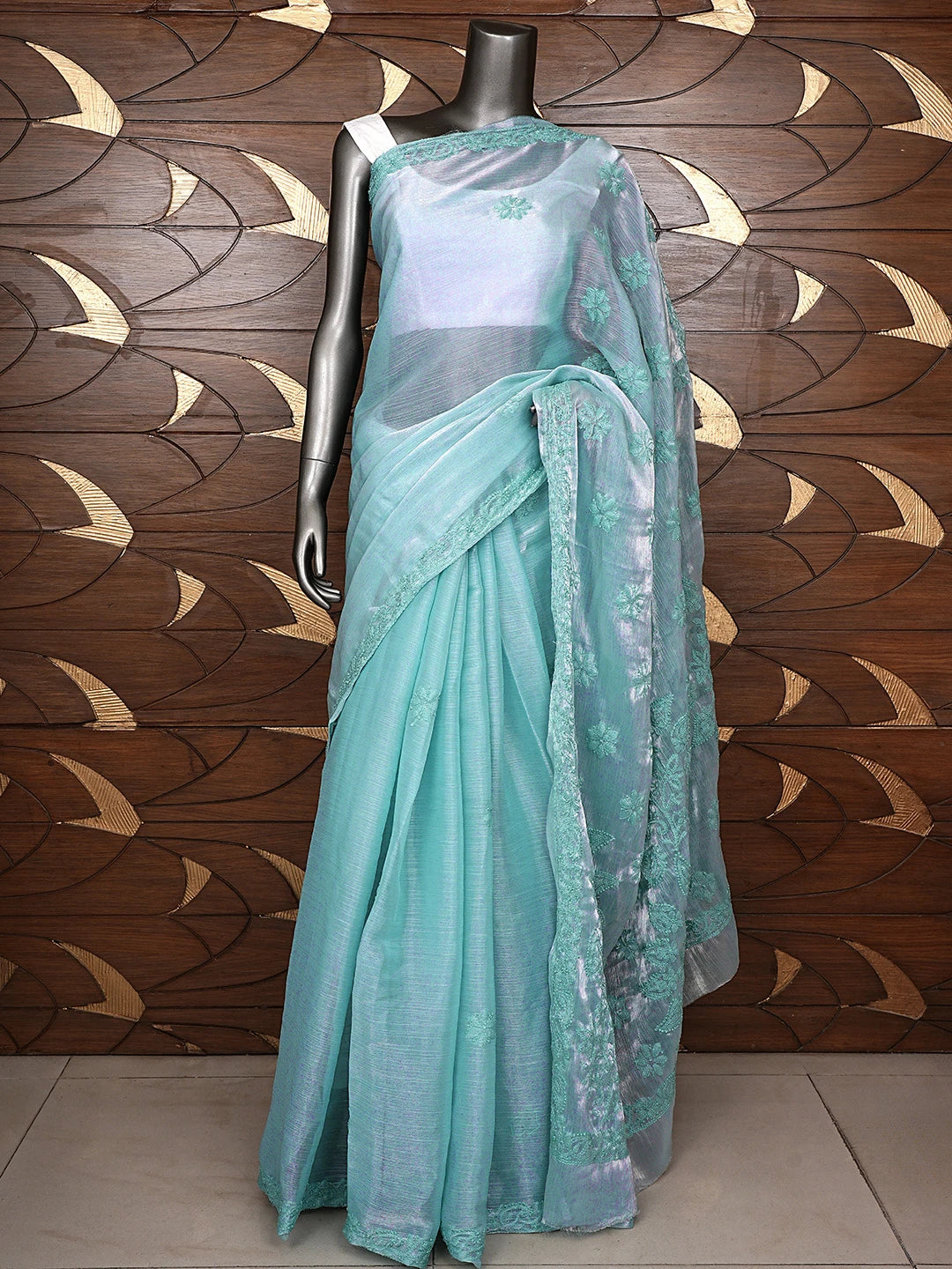 Ada Hand Embroidered Pearl Aqua Turquoise Organza Lucknowi Chikankari Saree and Blouse 01A901841