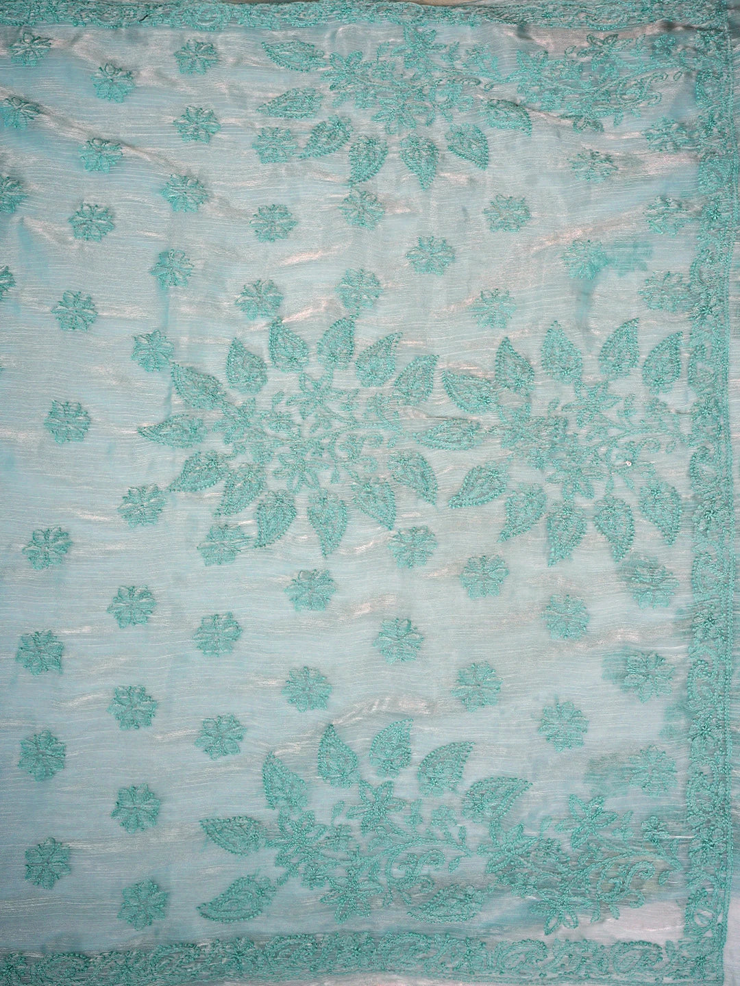 Ada Hand Embroidered Pearl Aqua Turquoise Organza Lucknowi Chikankari Saree and Blouse 01A901841