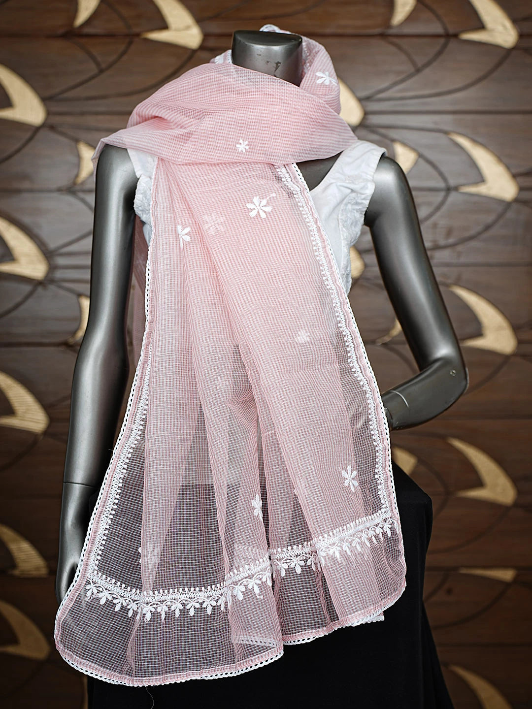 Ada Hand Embroidered Peach Super Net Lucknowi Chikankari Dupatta 01A895443