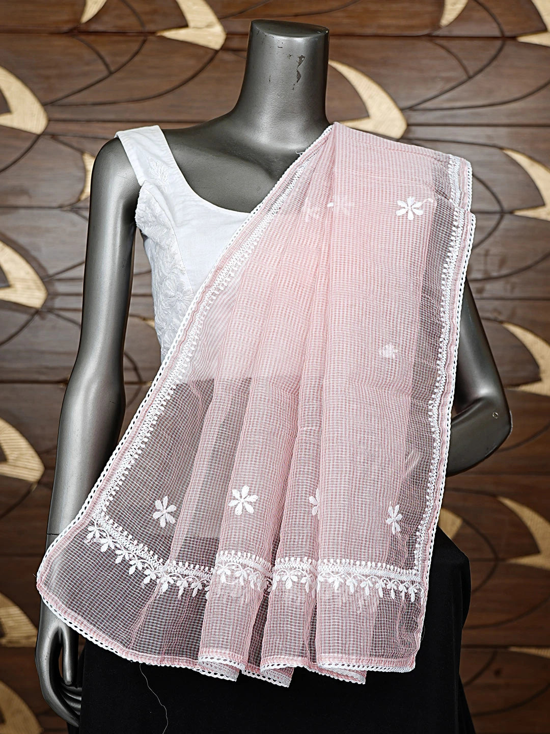 Ada Hand Embroidered Peach Super Net Lucknowi Chikankari Dupatta 01A895443