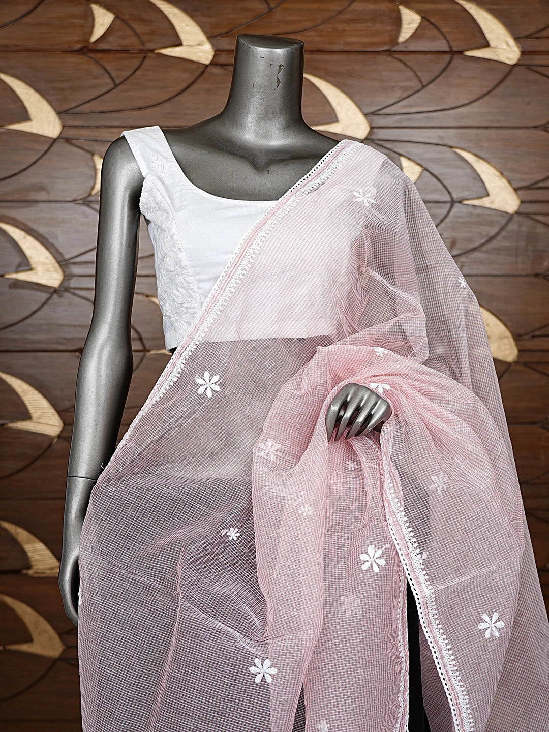 Ada Hand Embroidered Peach Super Net Lucknowi Chikankari Dupatta 01A895443