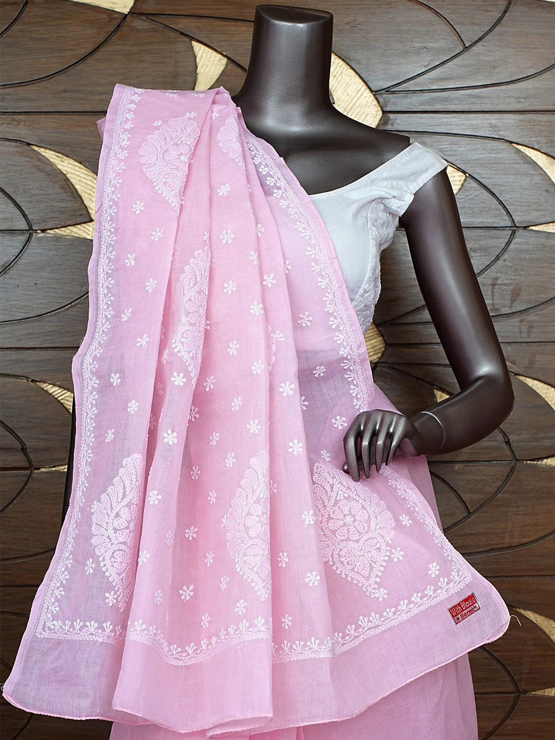 Ada Hand Embroidered Pink Cotton Lucknowi Chikankari Saree and Blouse 01A873420