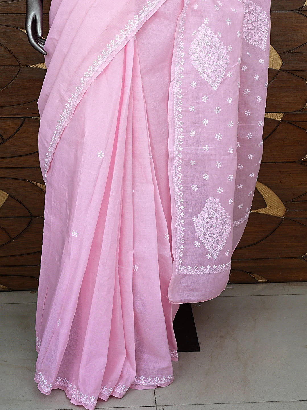 Ada Hand Embroidered Pink Cotton Lucknowi Chikankari Saree and Blouse 01A873420