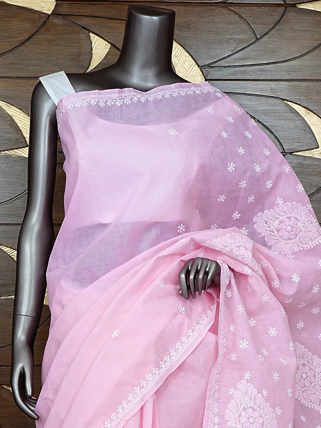 Ada Hand Embroidered Pink Cotton Lucknowi Chikankari Saree and Blouse 01A873420
