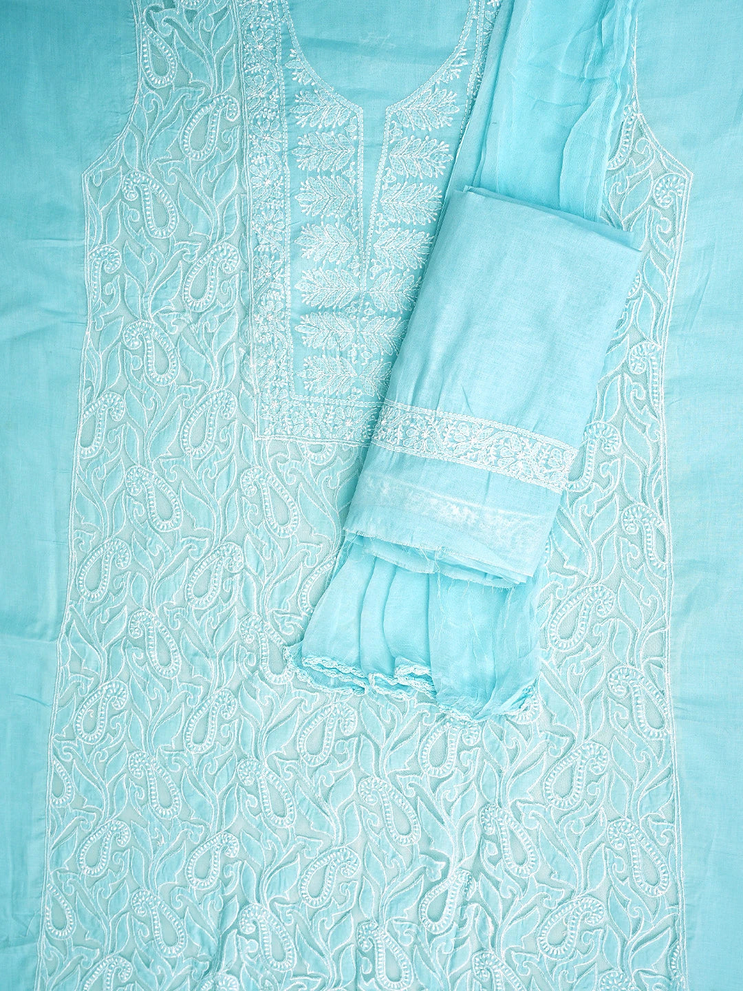 Ada Hand Embroidered Blue Cotton Lucknowi Chikankari Unstitched Suit Piece with Chiffon Dupatta 01A821964