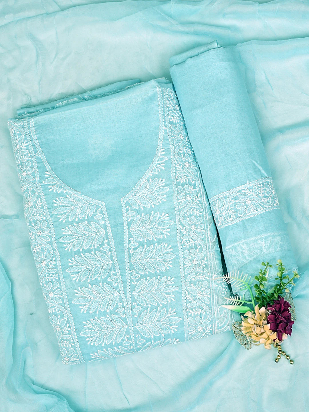 Ada Hand Embroidered Blue Cotton Lucknowi Chikankari Unstitched Suit Piece with Chiffon Dupatta 01A821964