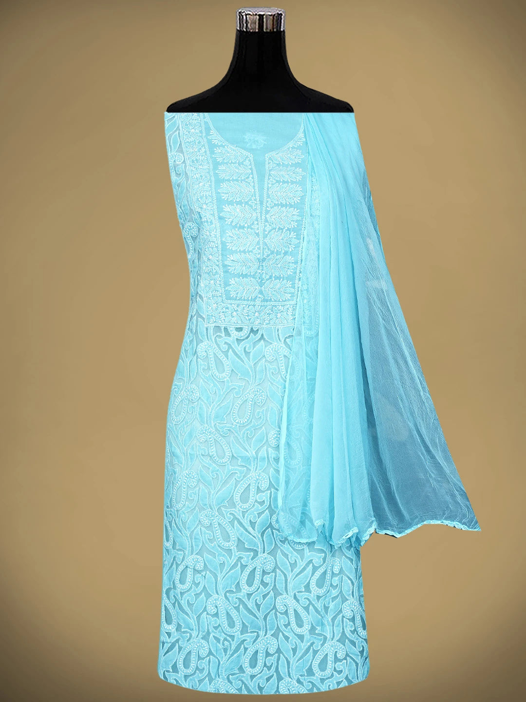 Ada Hand Embroidered Blue Cotton Lucknowi Chikankari Unstitched Suit Piece with Chiffon Dupatta 01A821964