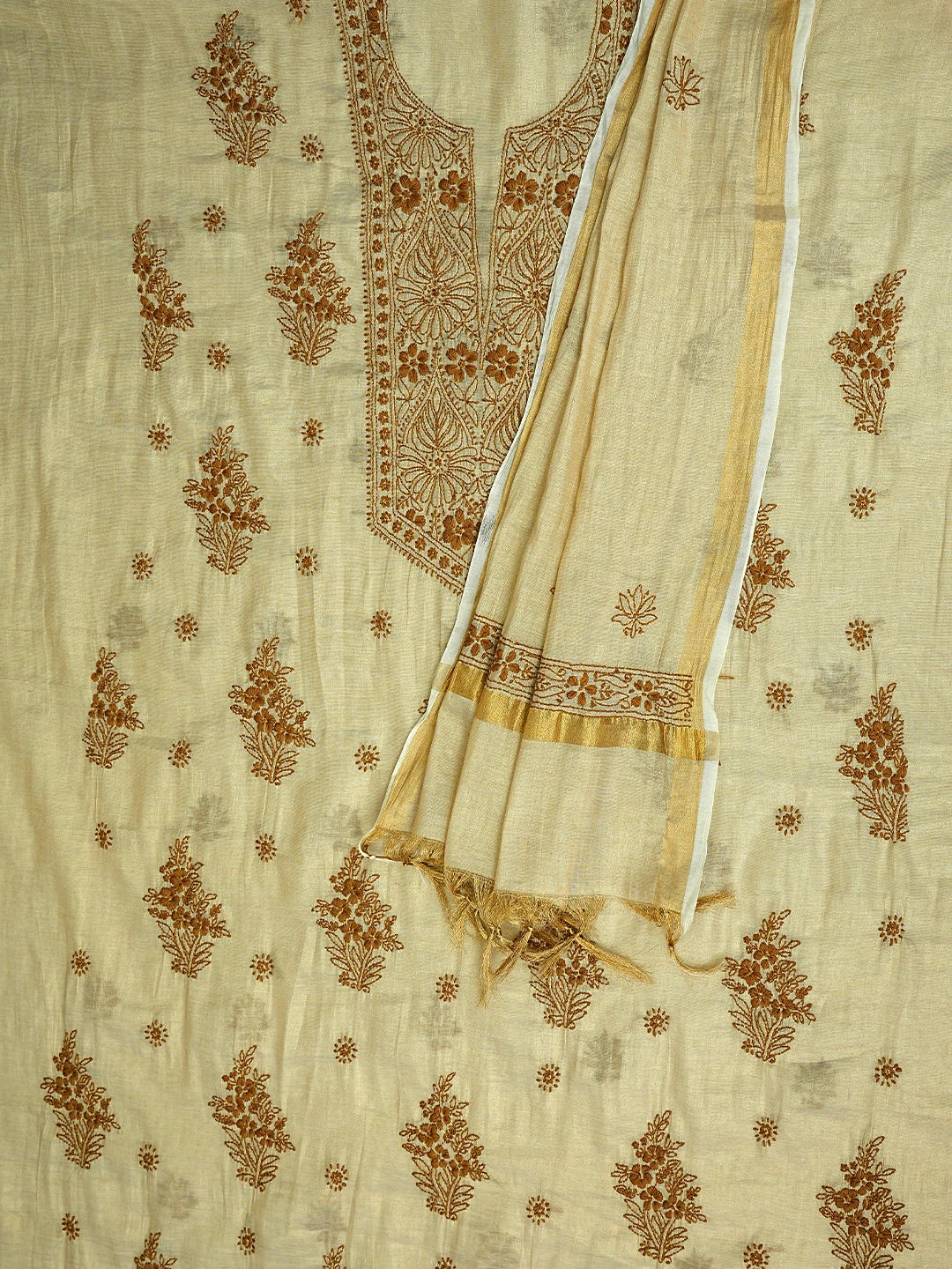 Ada Hand Embroidered Fawn Tissue Lucknowi Chikankari Kurta Dupatta Set 01A890280