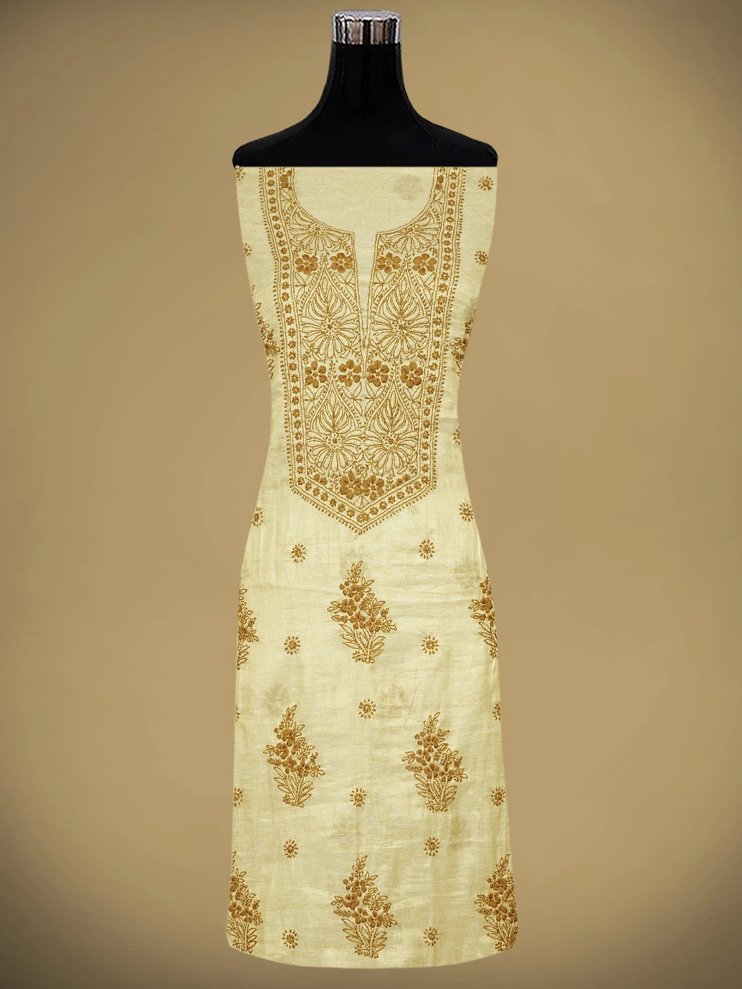 Ada Hand Embroidered Fawn Tissue Lucknowi Chikankari Kurta Dupatta Set 01A890280