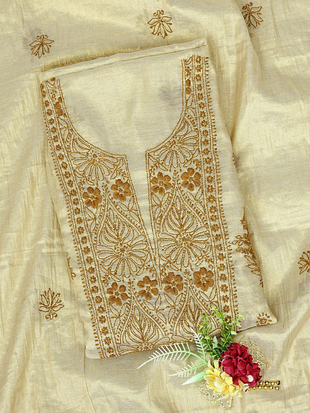 Ada Hand Embroidered Fawn Tissue Lucknowi Chikankari Kurta Dupatta Set 01A890280