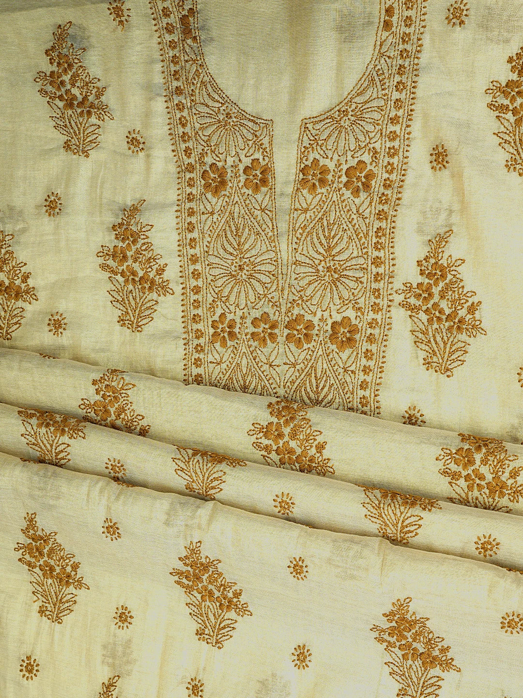 Ada Hand Embroidered Fawn Tissue Lucknowi Chikankari Kurta Dupatta Set 01A890280