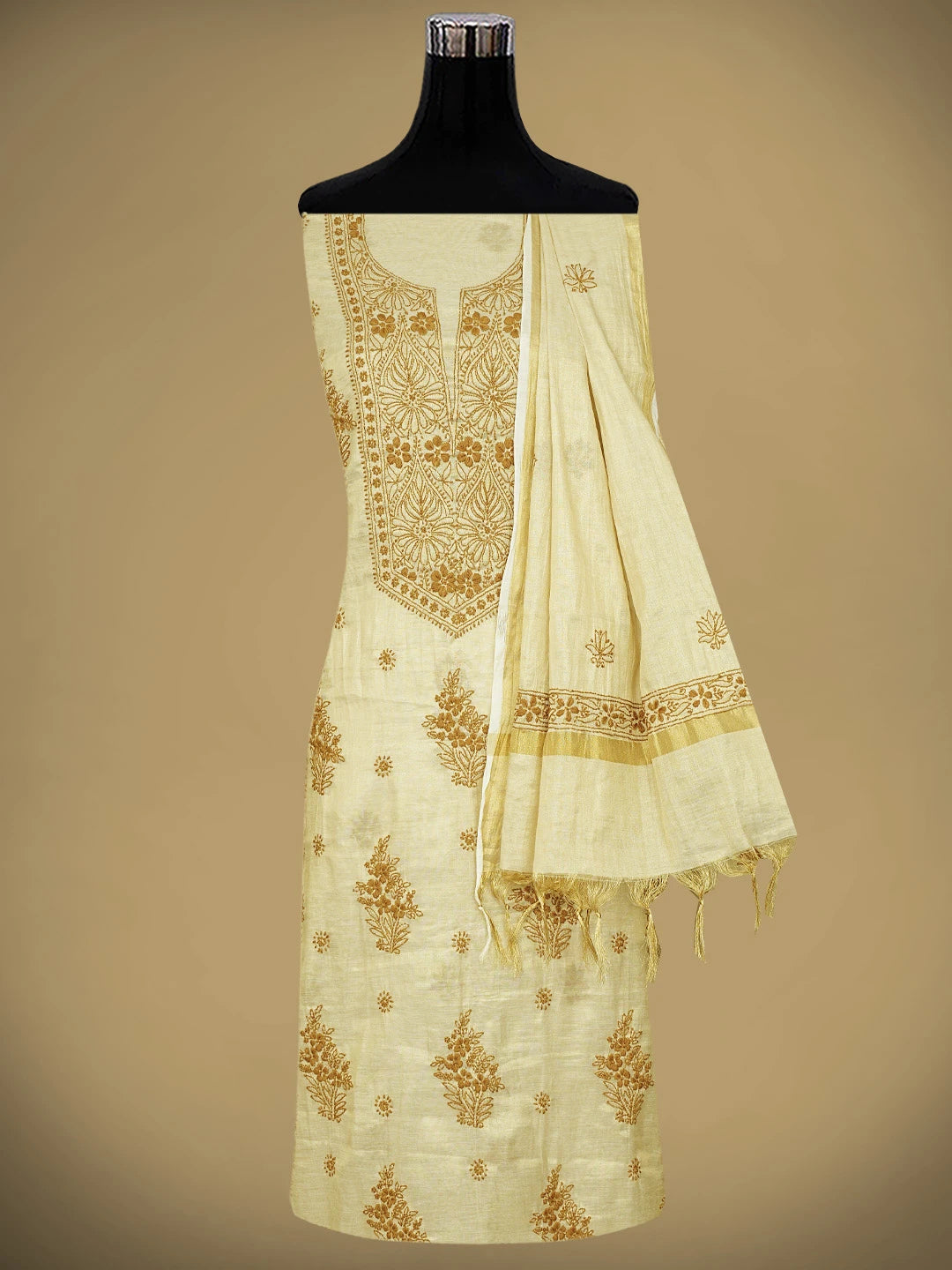 Ada Hand Embroidered Fawn Tissue Lucknowi Chikankari Kurta Dupatta Set 01A890280