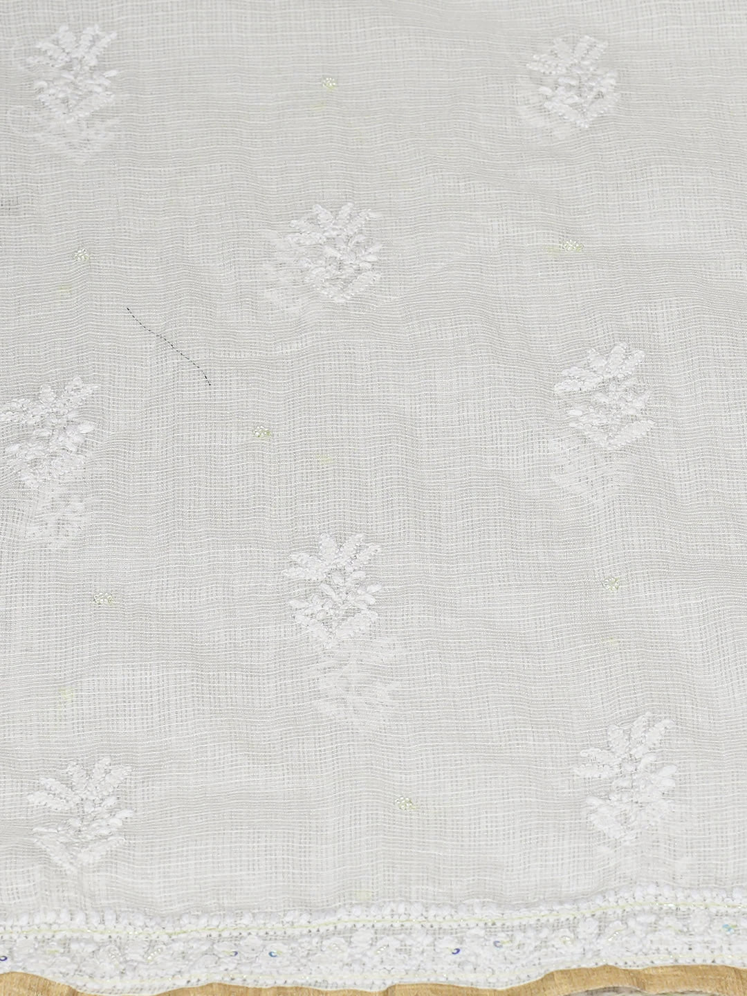 Ada Hand Embroidered White Kota Chanderi  Lucknowi Chikankari Unstitched Kurta Dupatta Set With Zari Work 01A890493