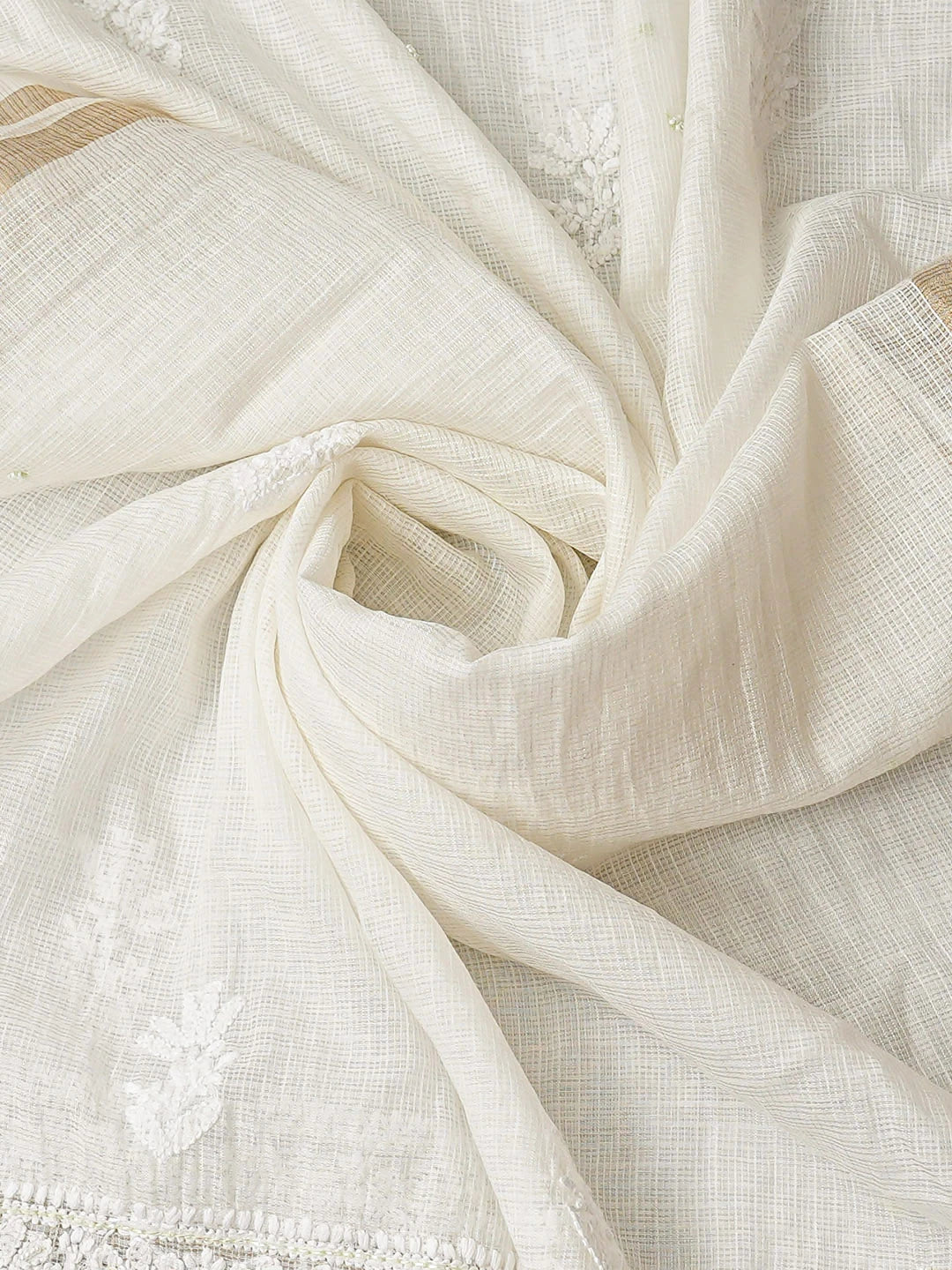 Ada Hand Embroidered White Kota Chanderi  Lucknowi Chikankari Unstitched Kurta Dupatta Set With Zari Work 01A890493