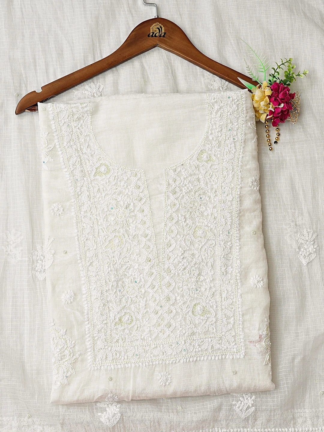 Ada Hand Embroidered White Kota Chanderi  Lucknowi Chikankari Unstitched Kurta Dupatta Set With Zari Work 01A890493