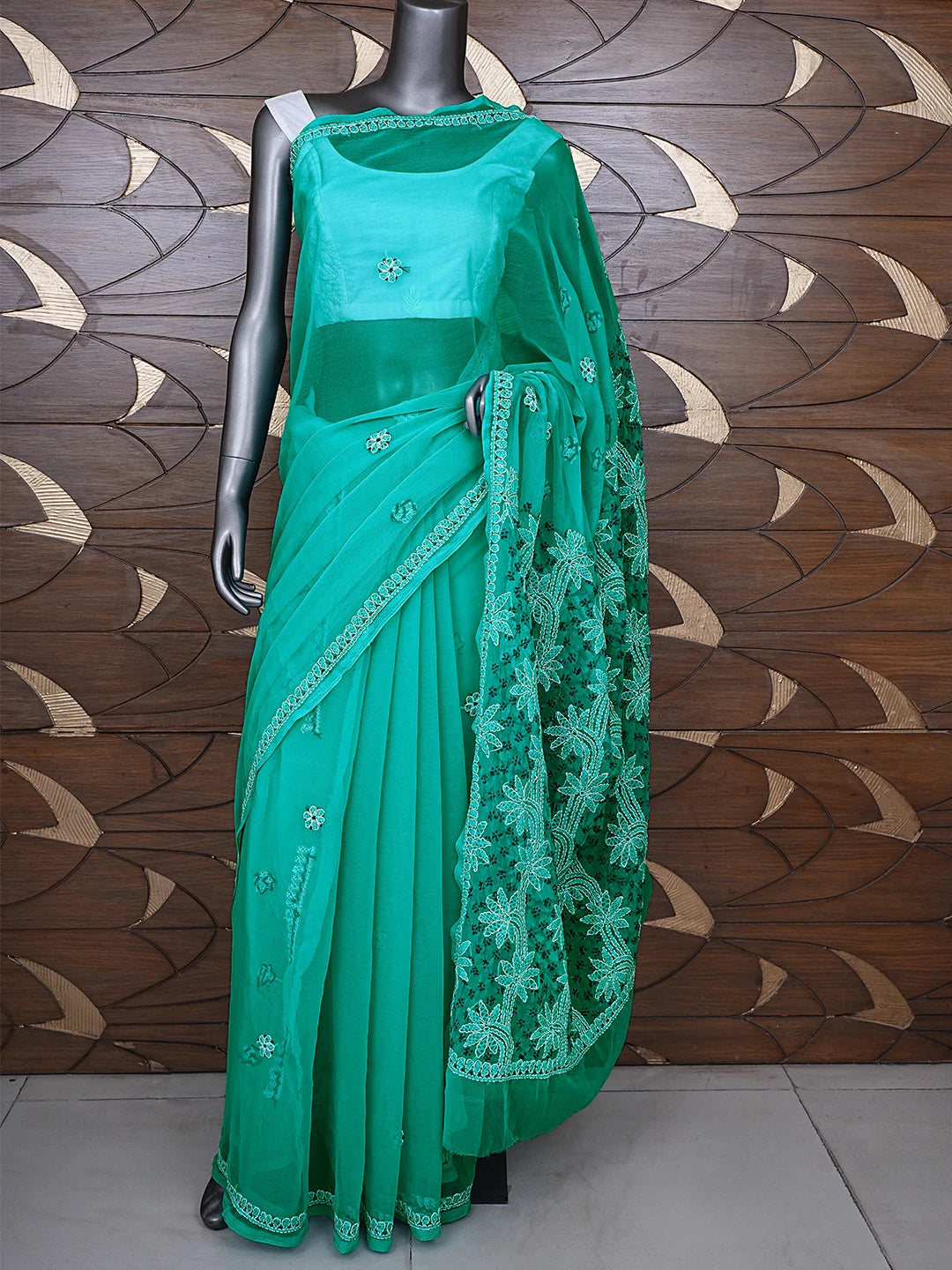 Ada Hand Embroidered Rama Green Georgette Lucknowi Chikankari Saree and Blouse 01A891992