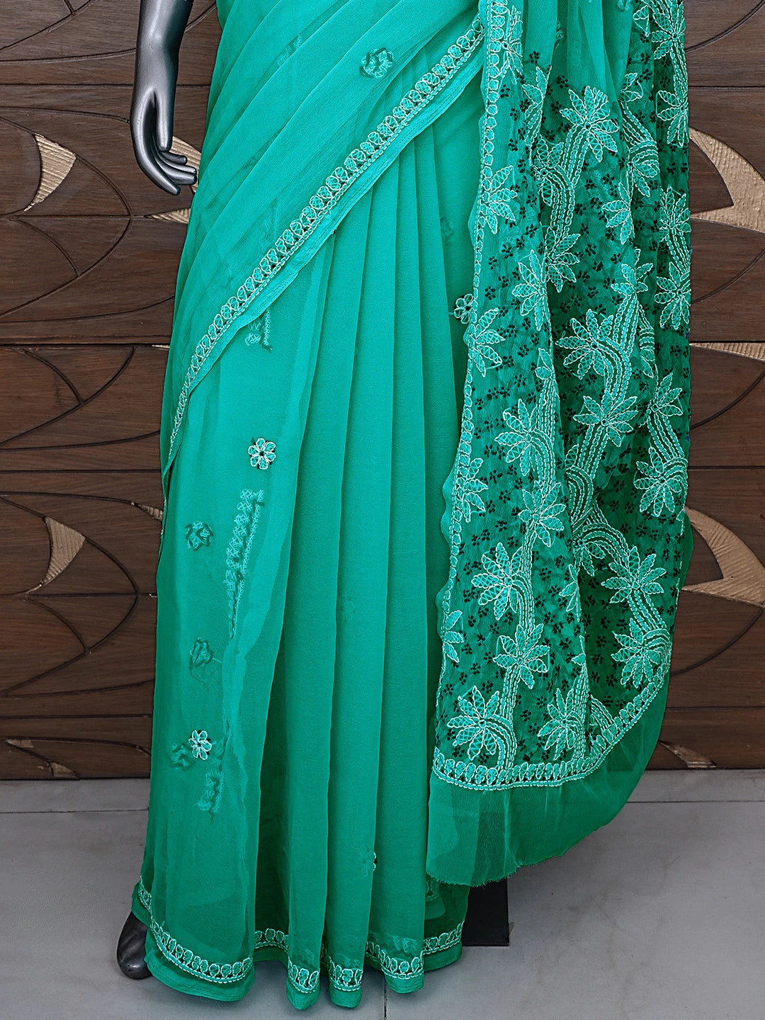 Ada Hand Embroidered Rama Green Georgette Lucknowi Chikankari Saree and Blouse 01A891992
