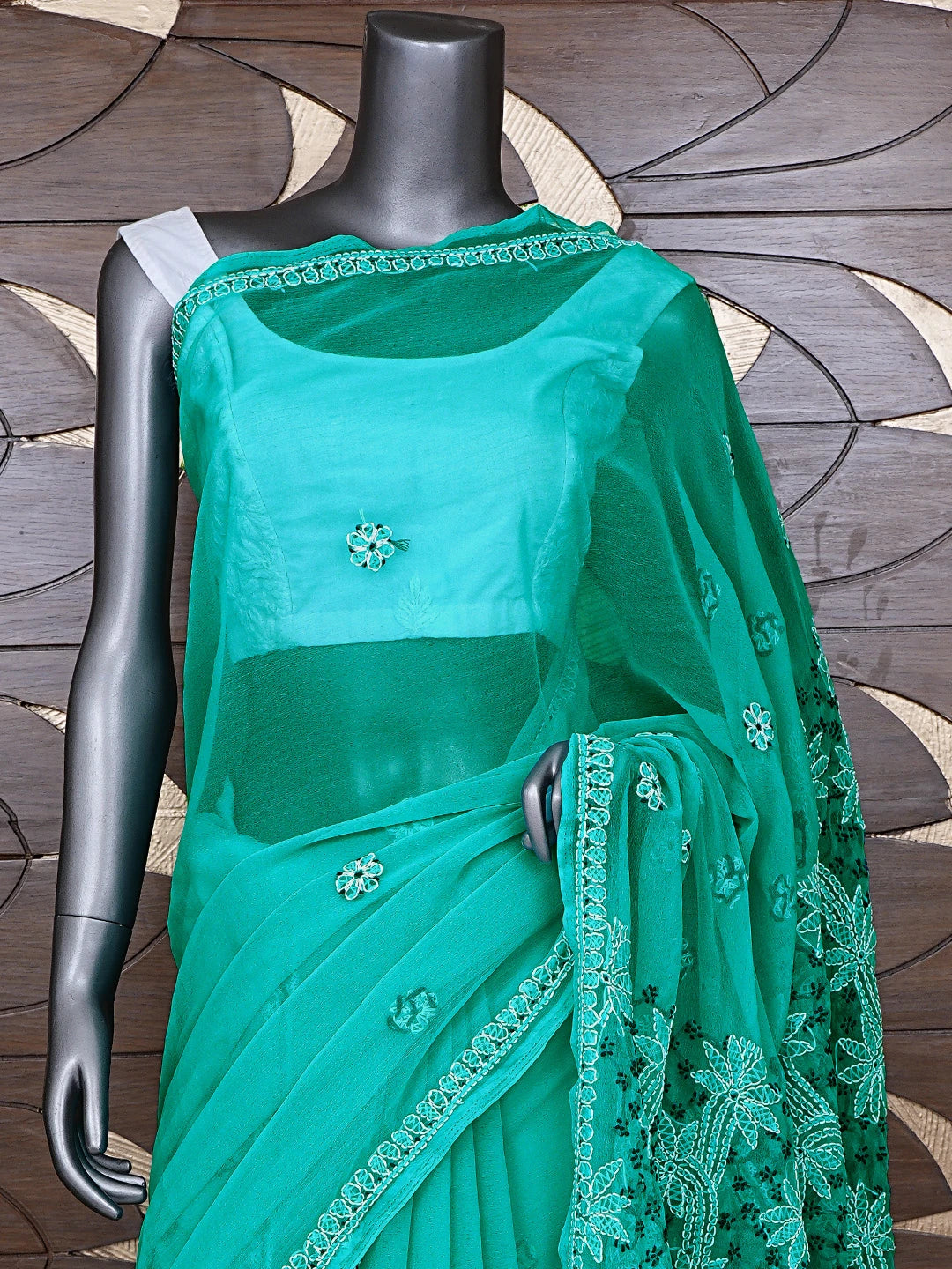 Ada Hand Embroidered Rama Green Georgette Lucknowi Chikankari Saree and Blouse 01A891992