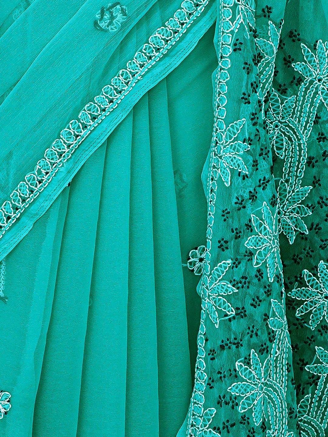 Ada Hand Embroidered Rama Green Georgette Lucknowi Chikankari Saree and Blouse 01A891992
