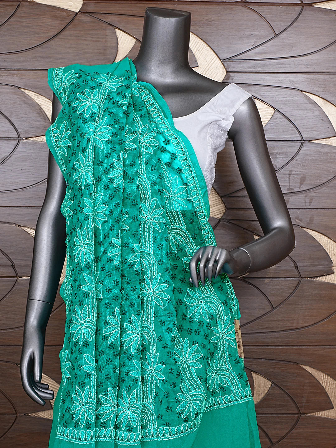 Ada Hand Embroidered Rama Green Georgette Lucknowi Chikankari Saree and Blouse 01A891992