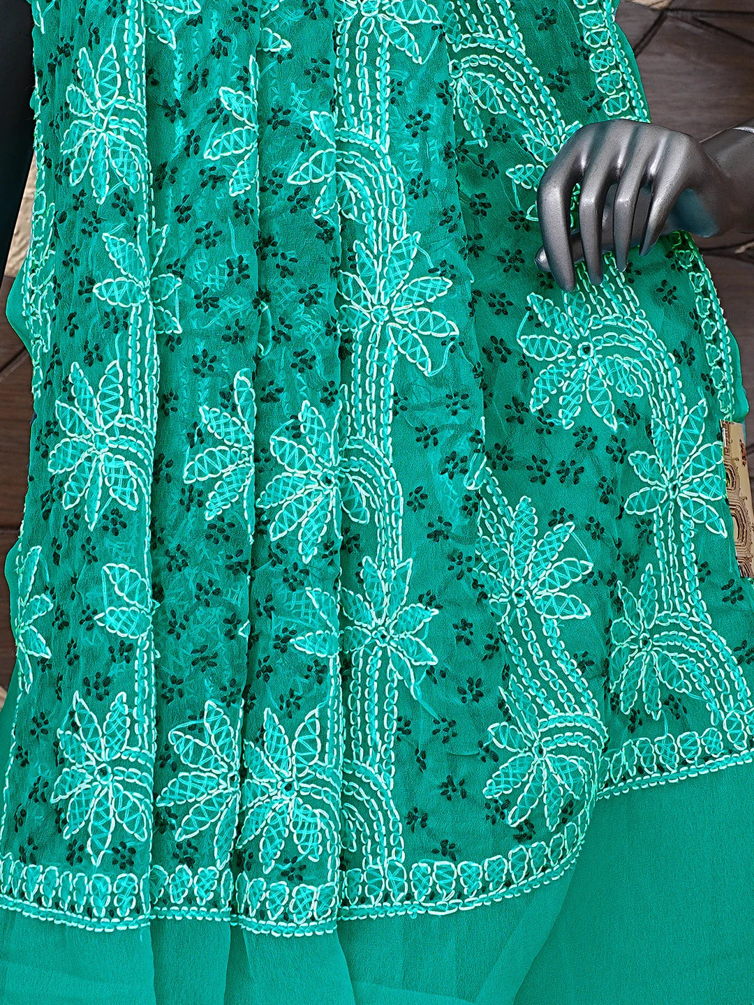 Ada Hand Embroidered Rama Green Georgette Lucknowi Chikankari Saree and Blouse 01A891992