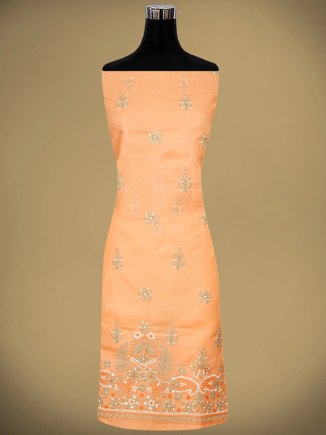 Ada Hand Embroidered Peach Cotton Lucknowi Chikankari Unstitched Suit Piece with Chiffon Dupatta 01A886787