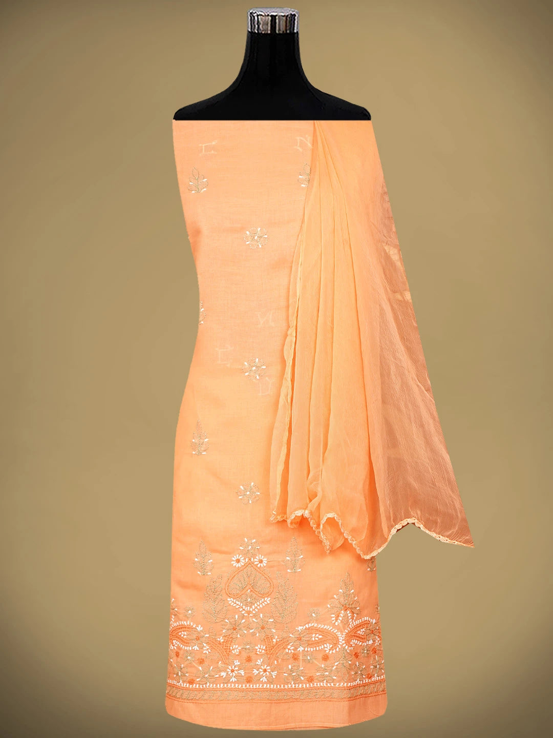 Ada Hand Embroidered Peach Cotton Lucknowi Chikankari Unstitched Suit Piece with Chiffon Dupatta 01A886787