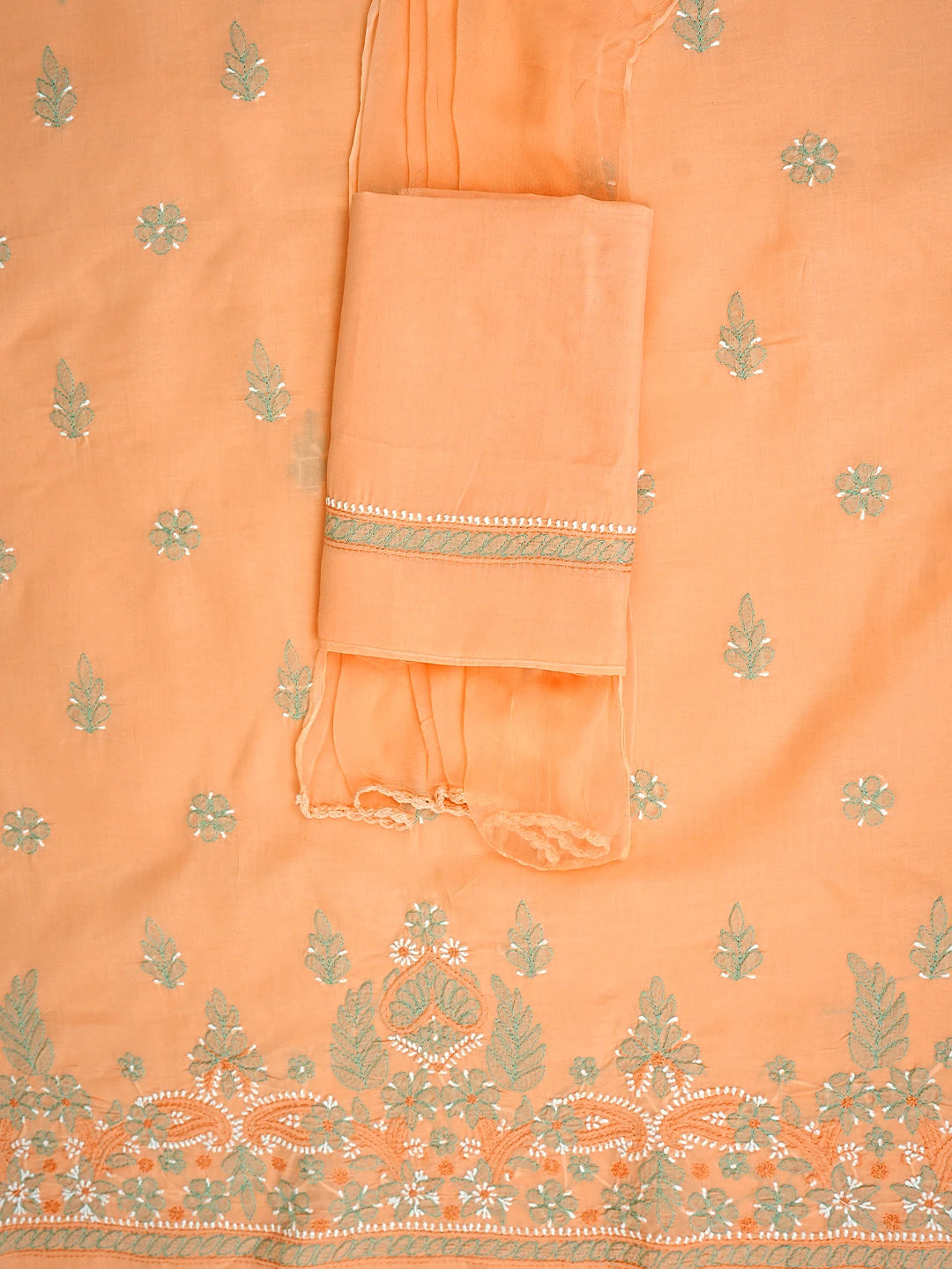 Ada Hand Embroidered Peach Cotton Lucknowi Chikankari Unstitched Suit Piece with Chiffon Dupatta 01A886787
