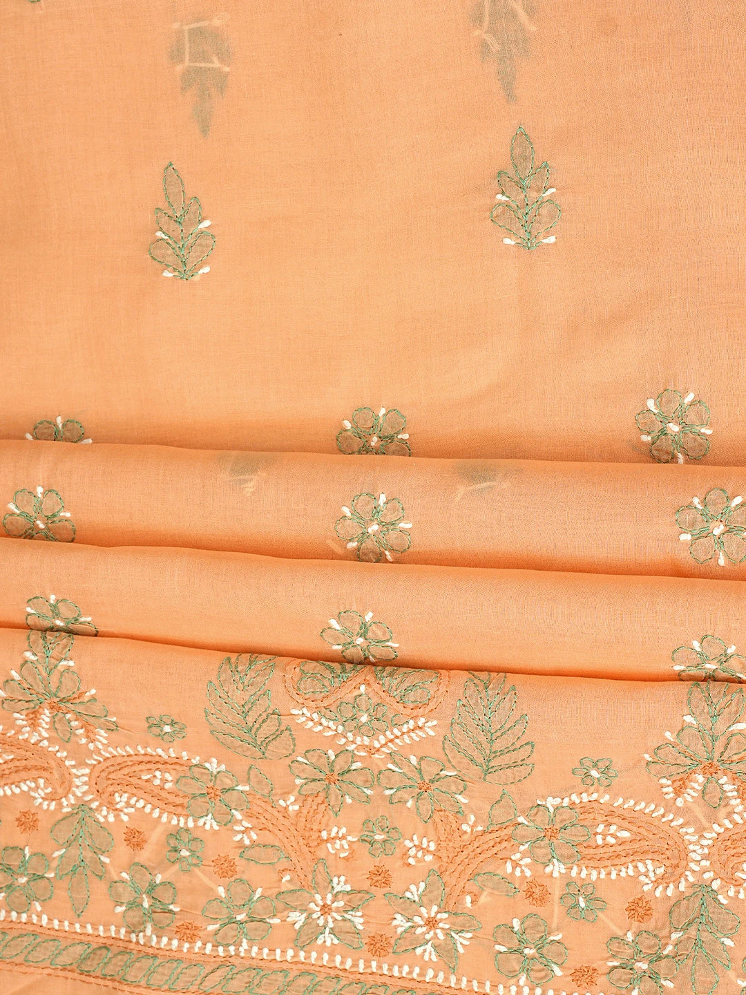 Ada Hand Embroidered Peach Cotton Lucknowi Chikankari Unstitched Suit Piece with Chiffon Dupatta 01A886787