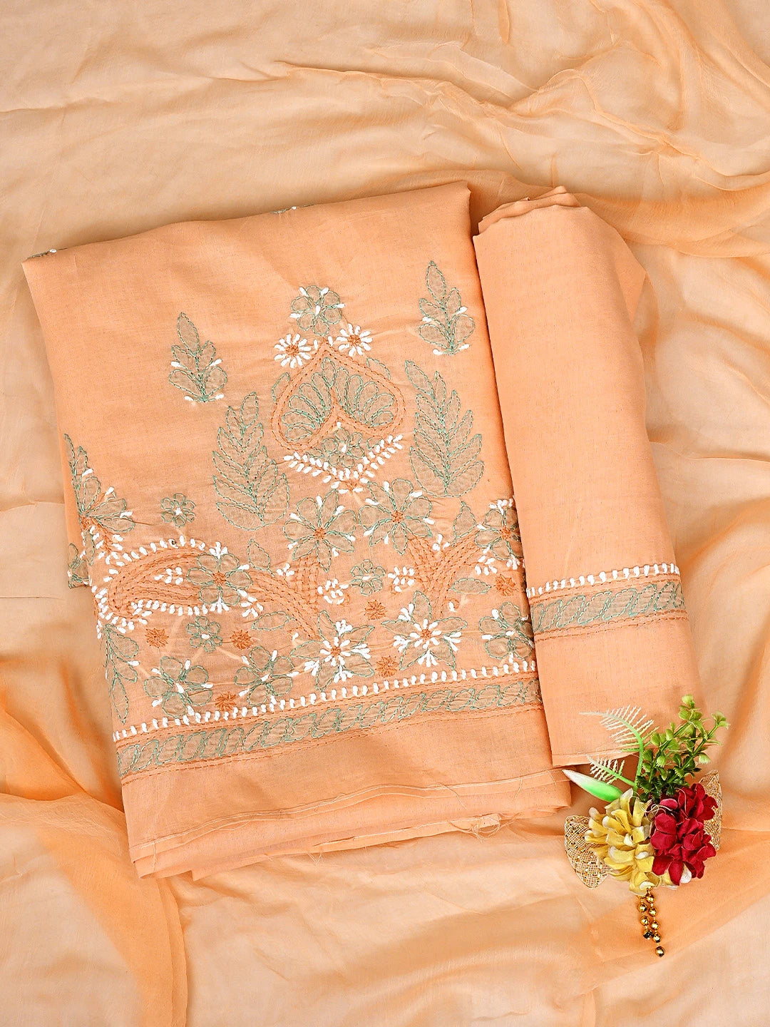 Ada Hand Embroidered Peach Cotton Lucknowi Chikankari Unstitched Suit Piece with Chiffon Dupatta 01A886787