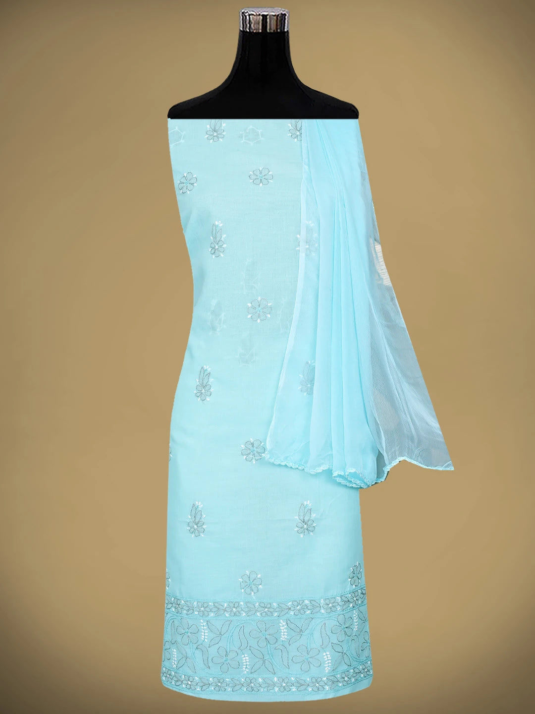 Ada Hand Embroidered Blue Cotton Lucknowi Chikankari Unstitched Suit Piece with Chiffon Dupatta 01A879488