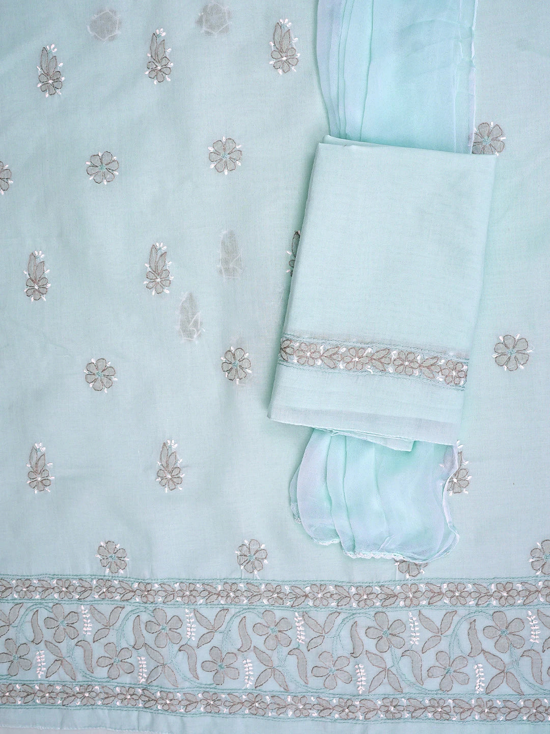 Ada Hand Embroidered Blue Cotton Lucknowi Chikankari Unstitched Suit Piece with Chiffon Dupatta 01A879488