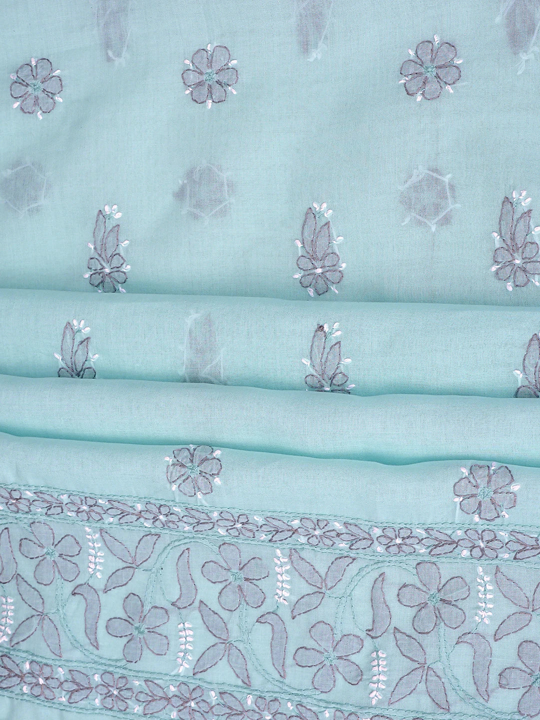 Ada Hand Embroidered Blue Cotton Lucknowi Chikankari Unstitched Suit Piece with Chiffon Dupatta 01A879488