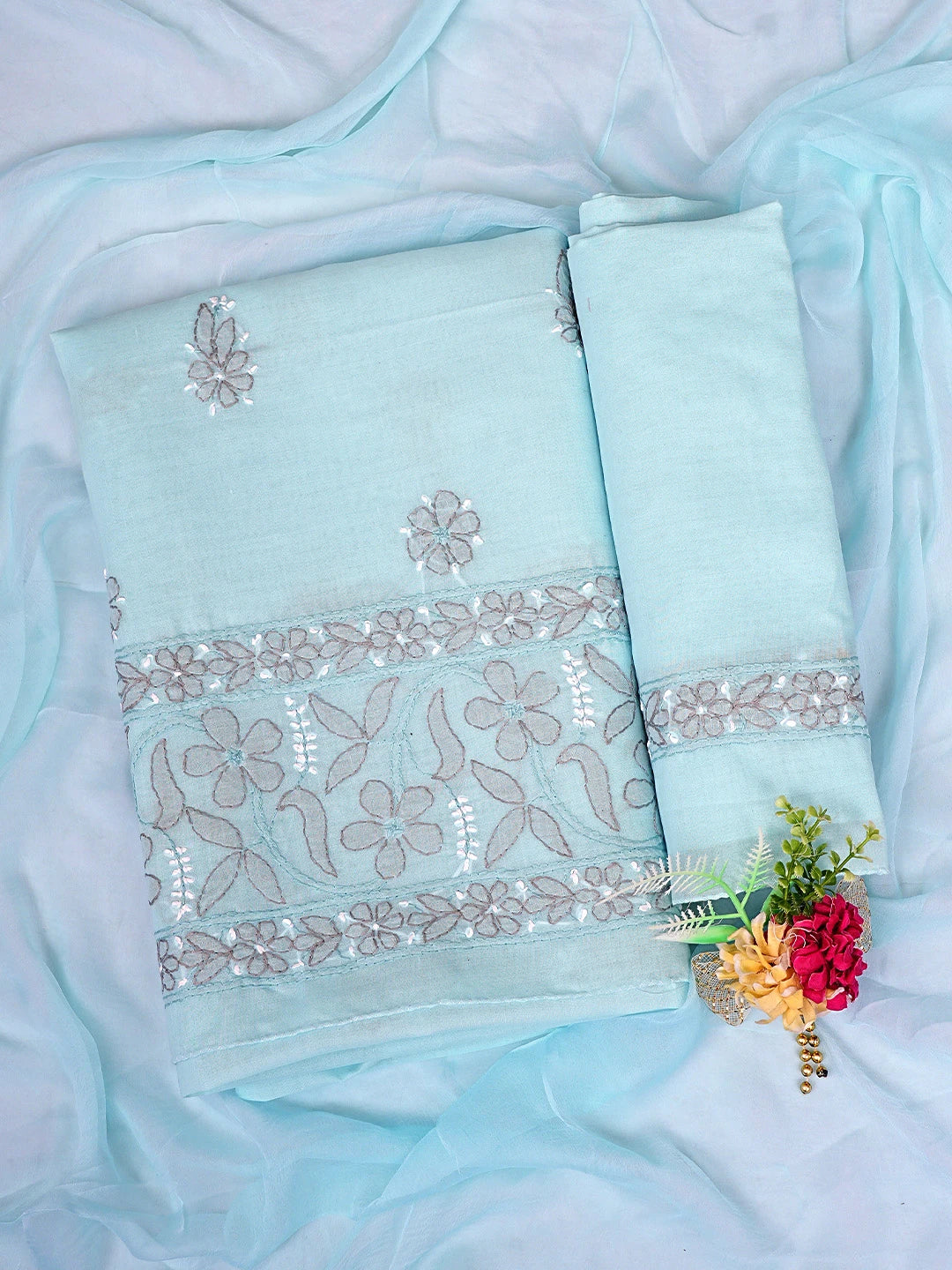 Ada Hand Embroidered Blue Cotton Lucknowi Chikankari Unstitched Suit Piece with Chiffon Dupatta 01A879488
