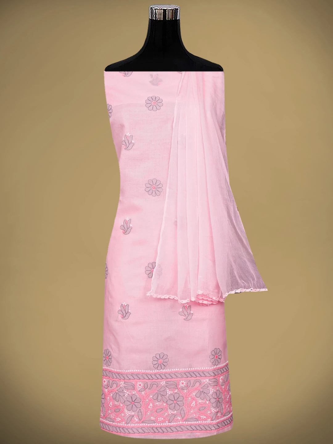 Ada Hand Embroidered Pink Cotton Lucknowi Chikankari Unstitched Suit Piece with Chiffon Dupatta 01A879471