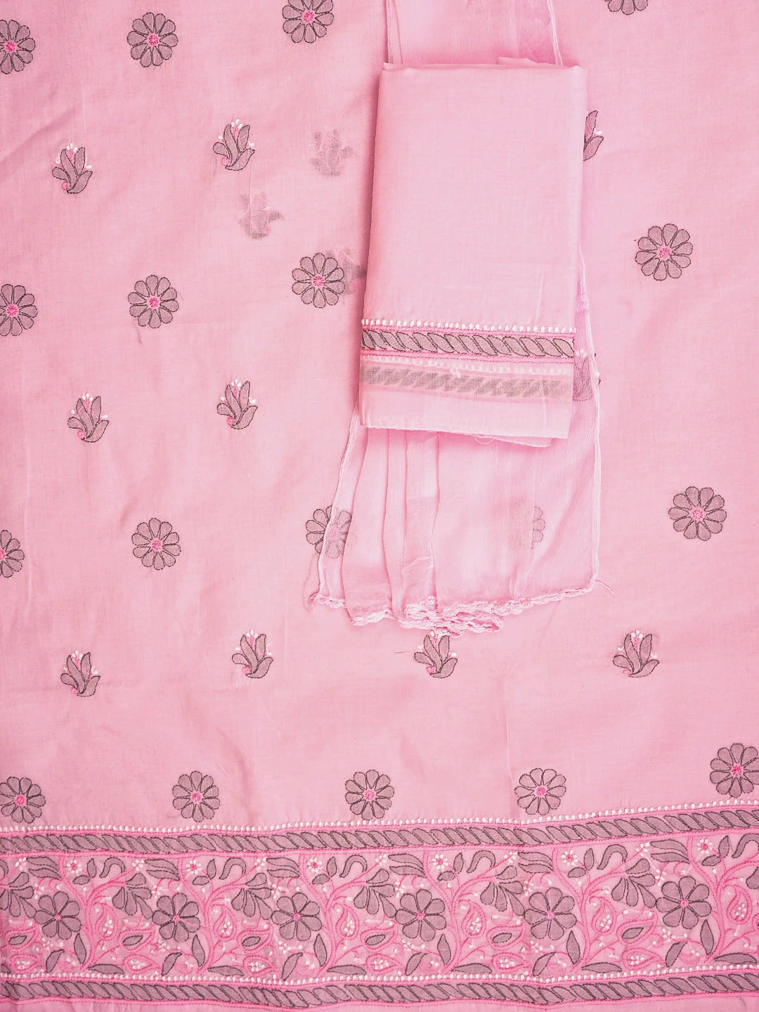 Ada Hand Embroidered Pink Cotton Lucknowi Chikankari Unstitched Suit Piece with Chiffon Dupatta 01A879471