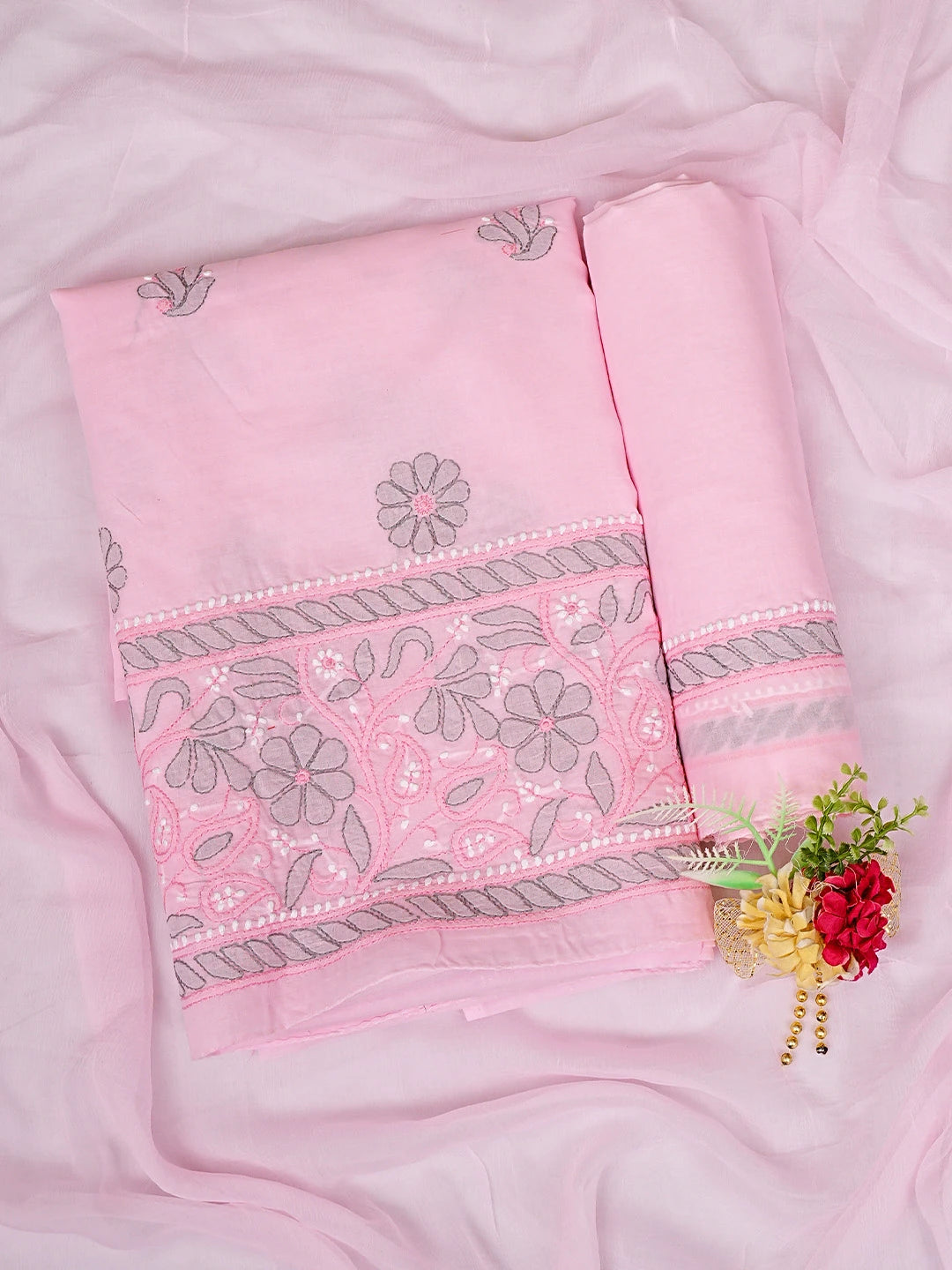 Ada Hand Embroidered Pink Cotton Lucknowi Chikankari Unstitched Suit Piece with Chiffon Dupatta 01A879471