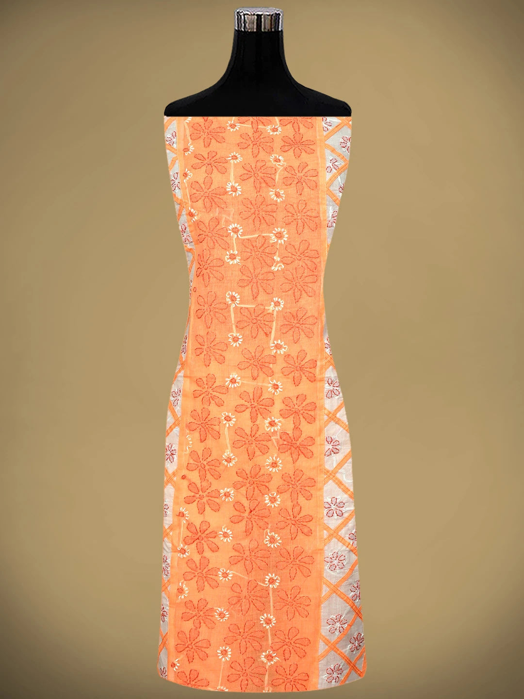 Ada Hand Embroidered Peach Cotton Lucknowi Chikankari Unstitched Suit Piece with Chiffon Dupatta 01A883232