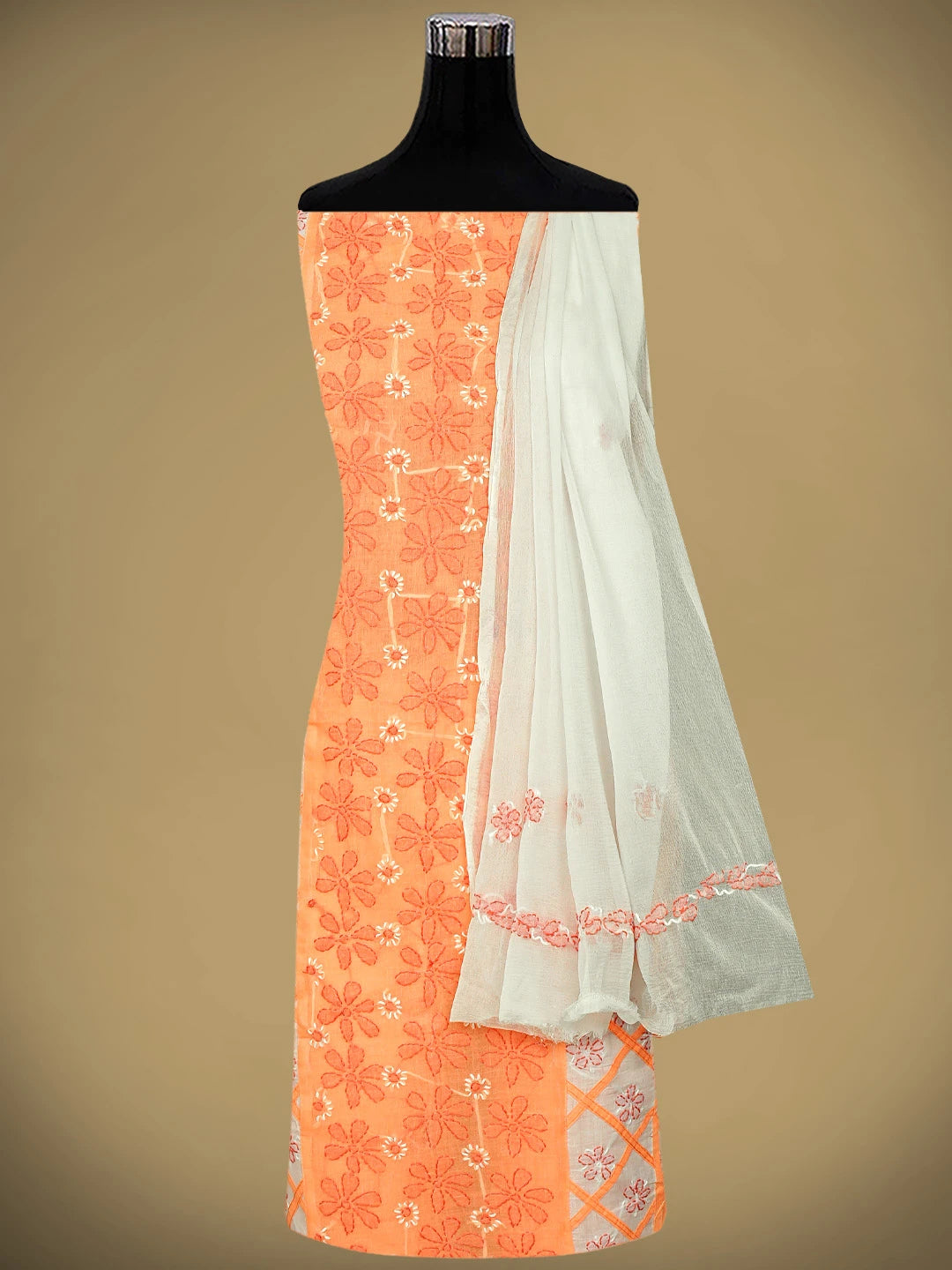 Ada Hand Embroidered Peach Cotton Lucknowi Chikankari Unstitched Suit Piece with Chiffon Dupatta 01A883232