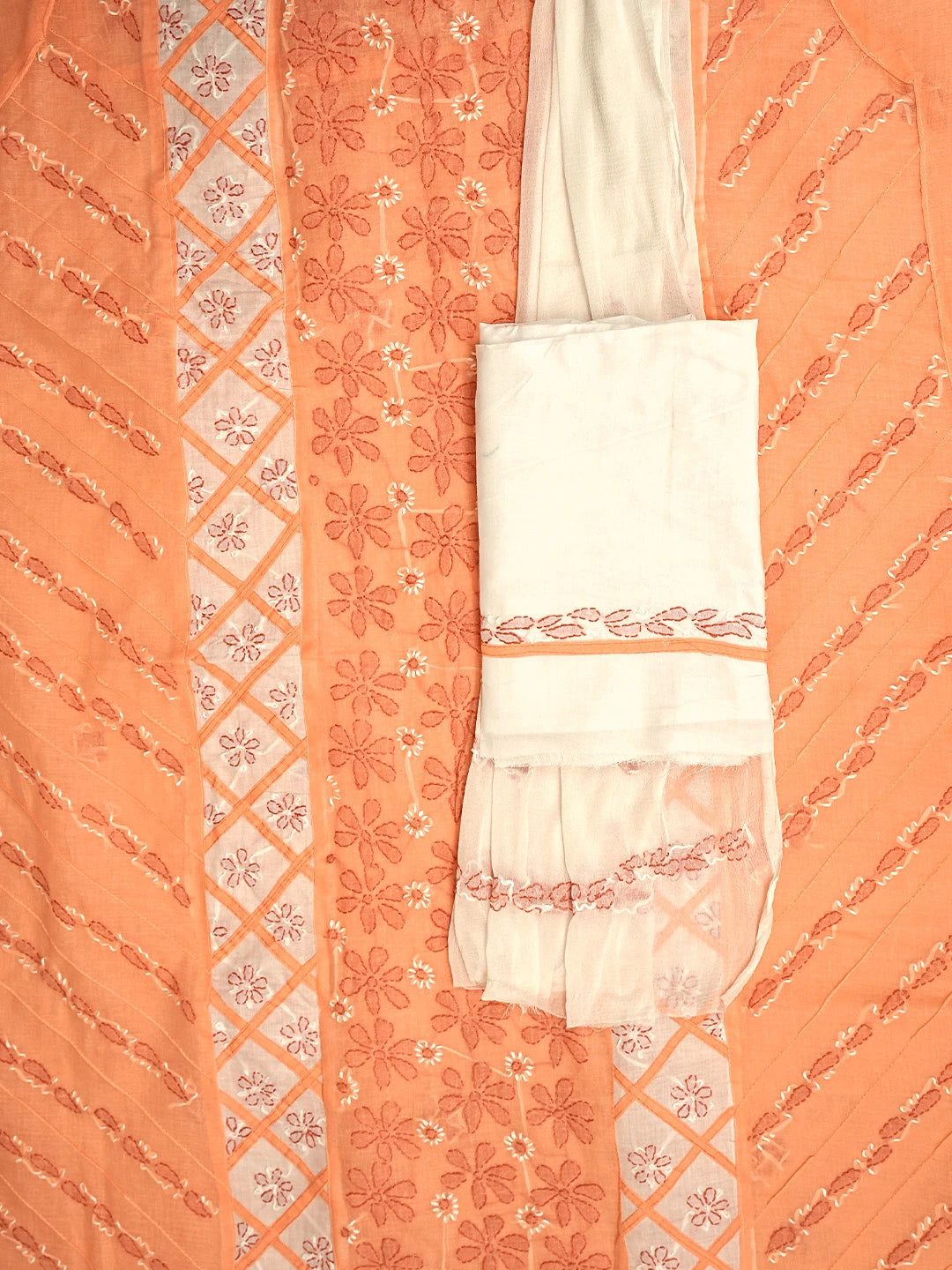 Ada Hand Embroidered Peach Cotton Lucknowi Chikankari Unstitched Suit Piece with Chiffon Dupatta 01A883232