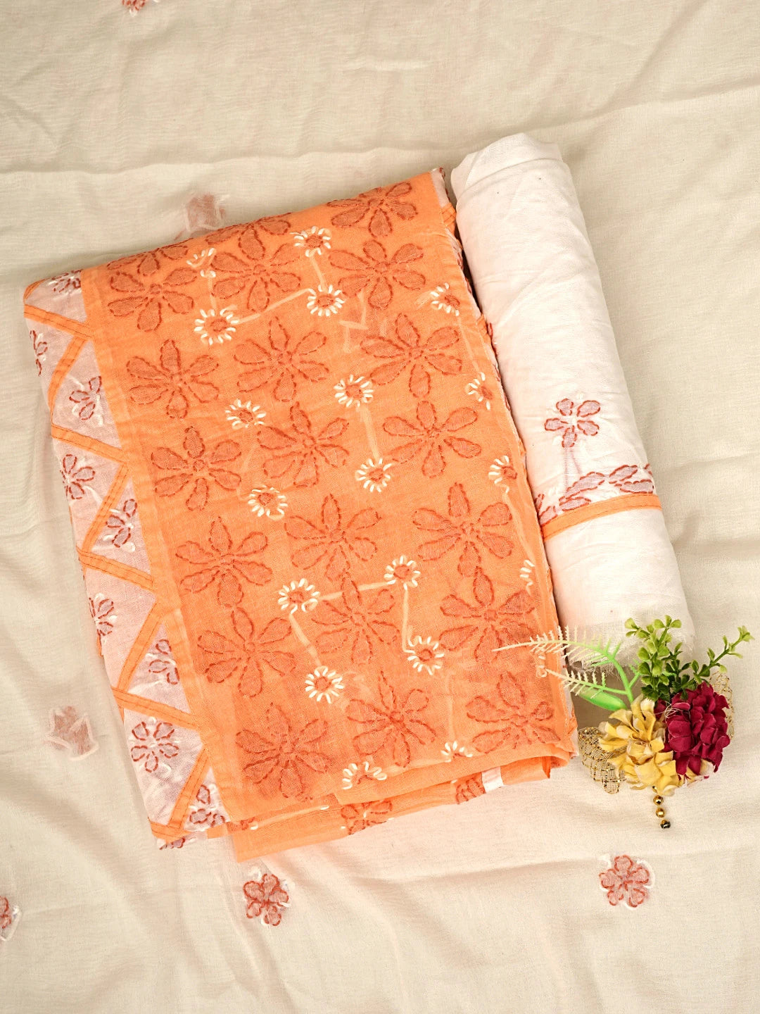 Ada Hand Embroidered Peach Cotton Lucknowi Chikankari Unstitched Suit Piece with Chiffon Dupatta 01A883232