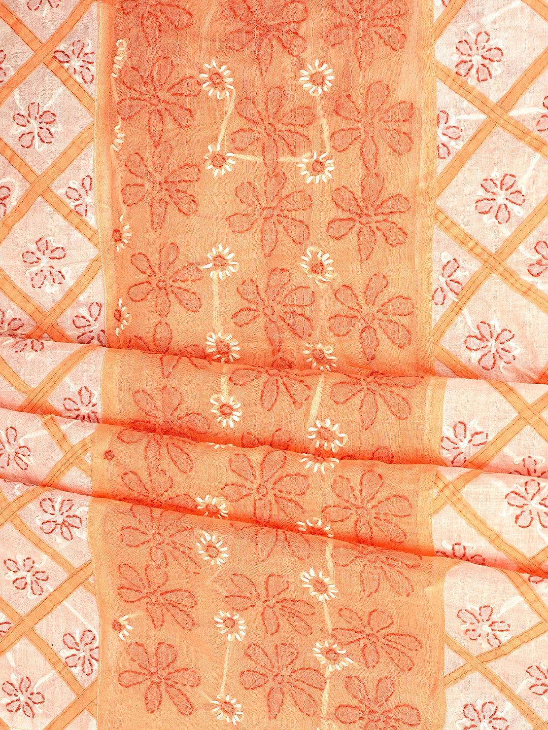 Ada Hand Embroidered Peach Cotton Lucknowi Chikankari Unstitched Suit Piece with Chiffon Dupatta 01A883232