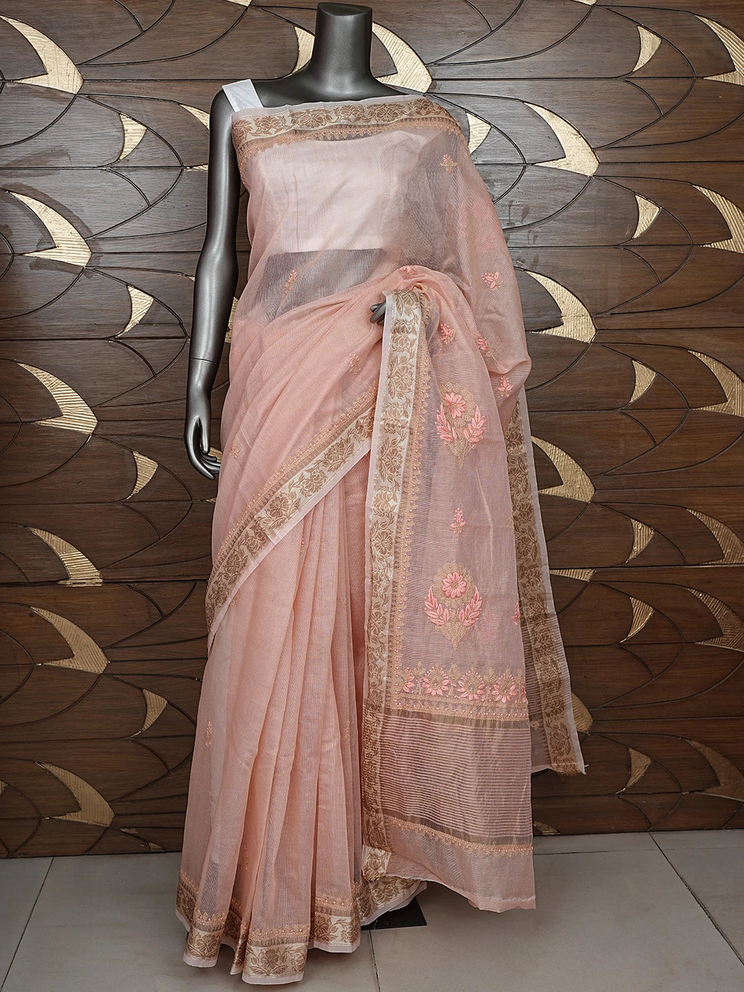 Ada Hand Embroidered Peach Georgette Lucknowi Chikankari Saree and Blouse 01A900838