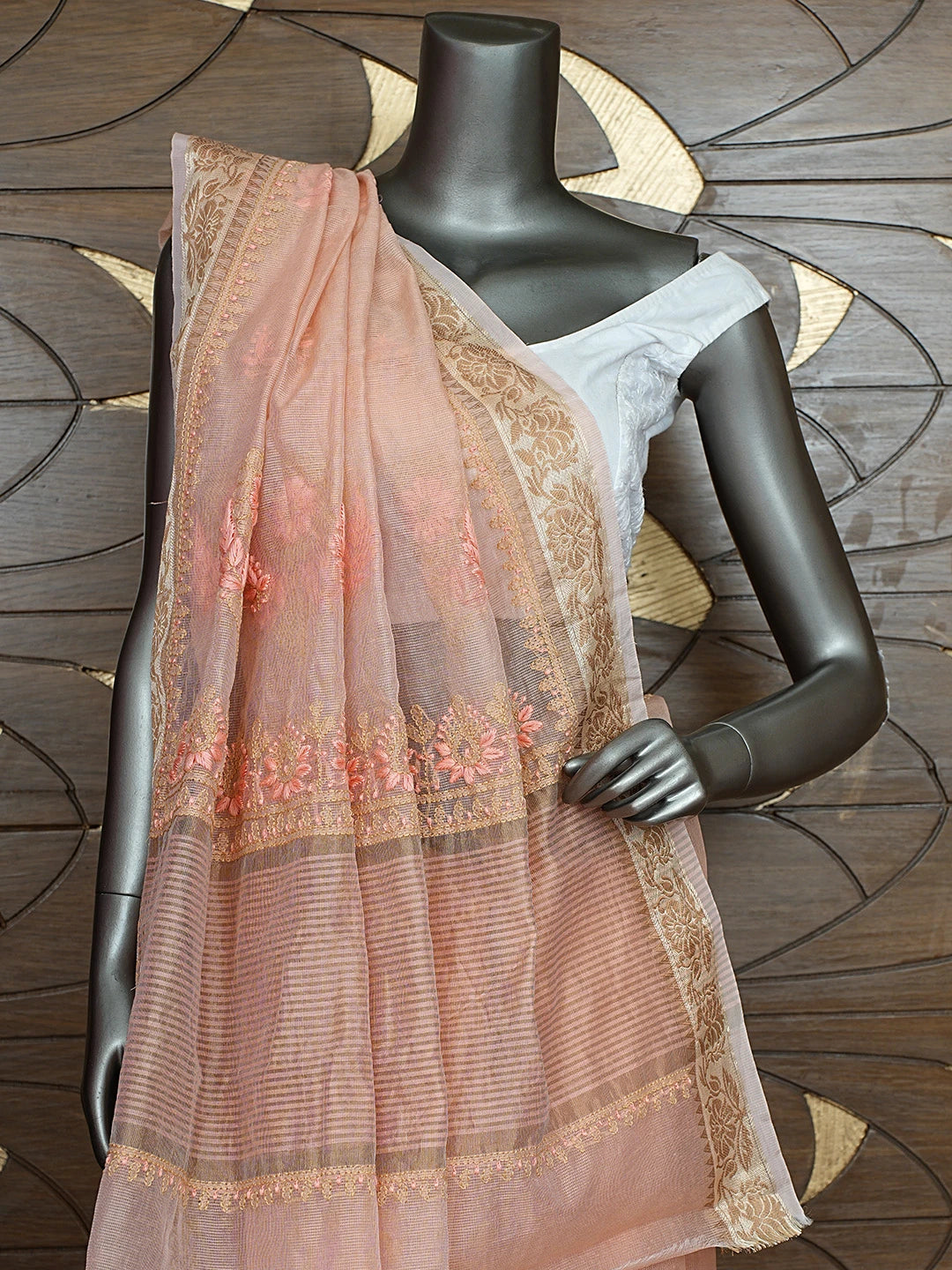 Ada Hand Embroidered Peach Georgette Lucknowi Chikankari Saree and Blouse 01A900838