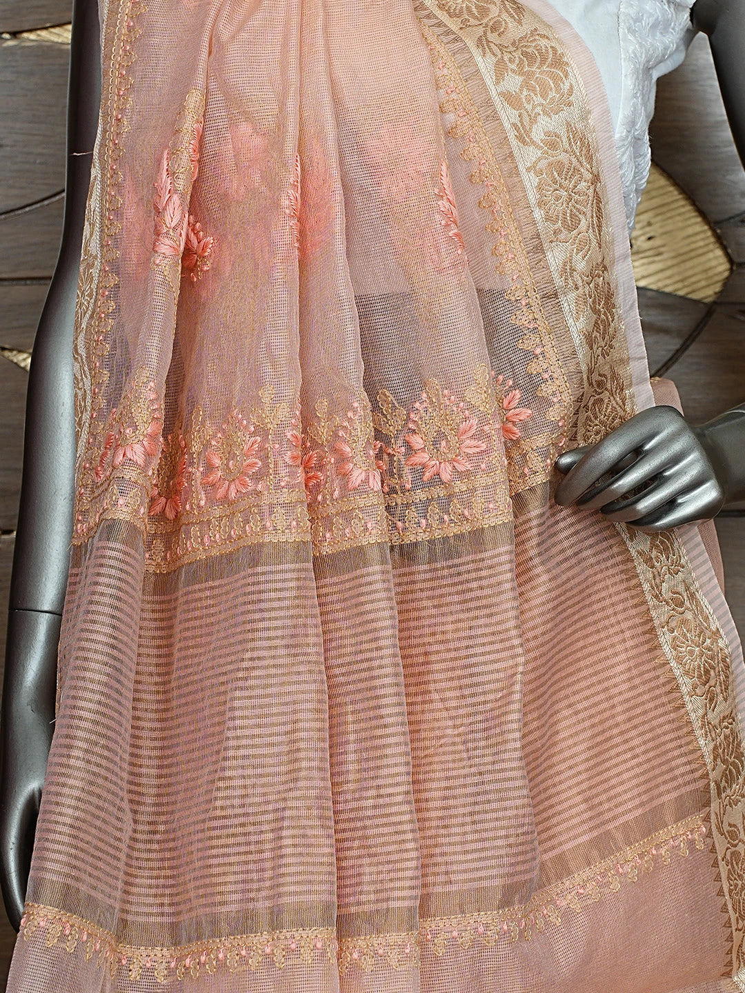 Ada Hand Embroidered Peach Georgette Lucknowi Chikankari Saree and Blouse 01A900838