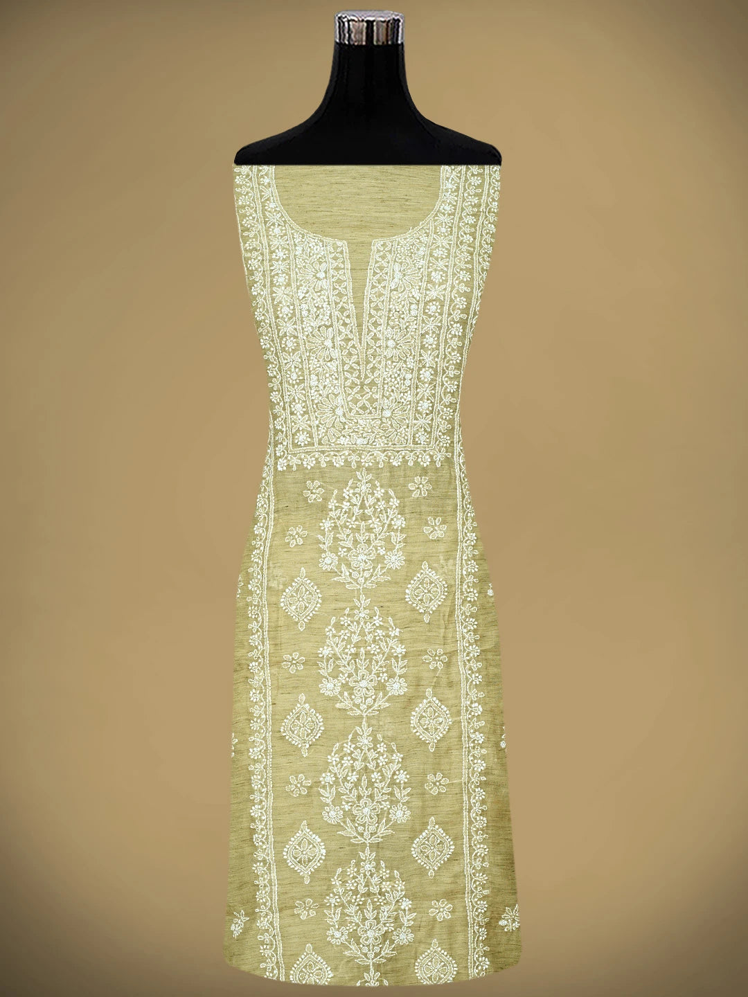 Ada Hand Embroidered Fawn Chanderi Lucknowi Chikankari Unstitched Kurta Dupatta Set 01A888881