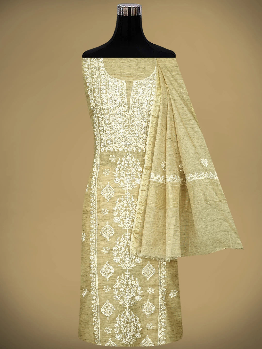 Ada Hand Embroidered Fawn Chanderi Lucknowi Chikankari Unstitched Kurta Dupatta Set 01A888881