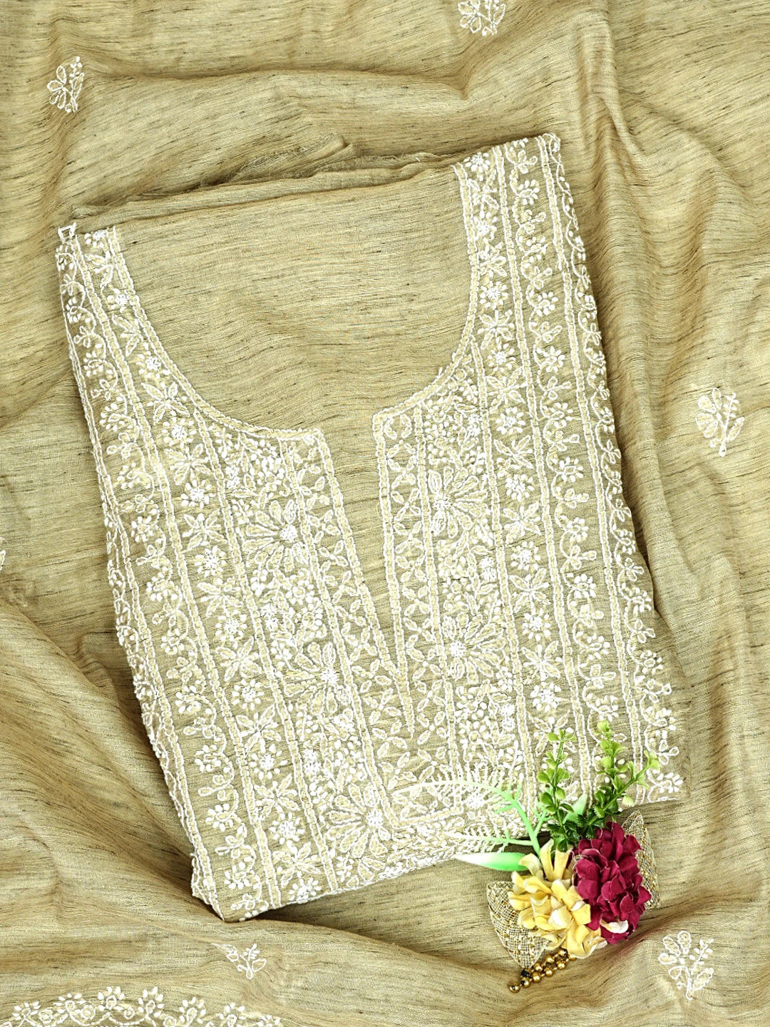 Ada Hand Embroidered Fawn Chanderi Lucknowi Chikankari Unstitched Kurta Dupatta Set 01A888881