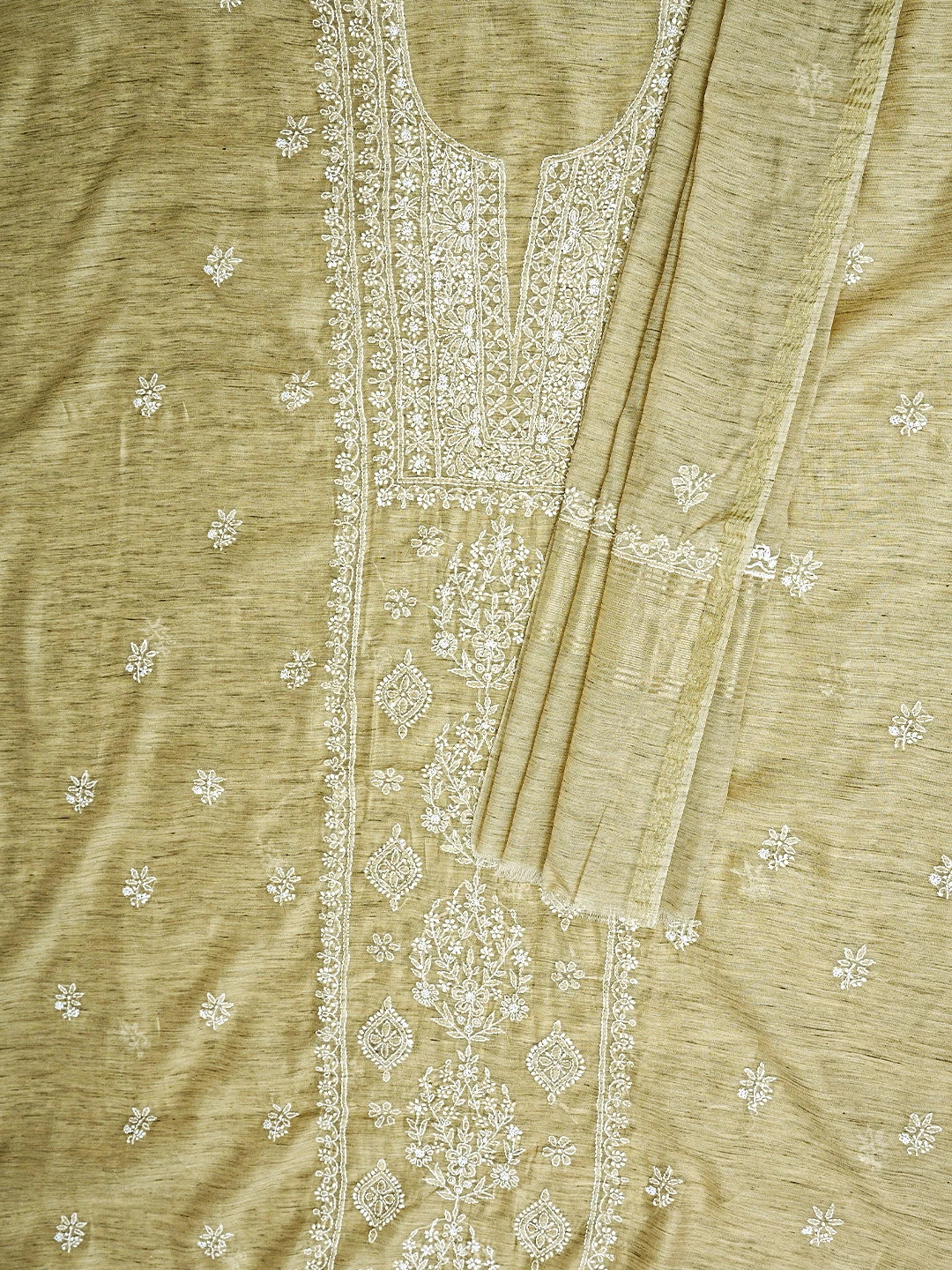 Ada Hand Embroidered Fawn Chanderi Lucknowi Chikankari Unstitched Kurta Dupatta Set 01A888881