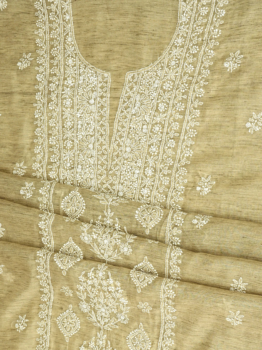 Ada Hand Embroidered Fawn Chanderi Lucknowi Chikankari Unstitched Kurta Dupatta Set 01A888881